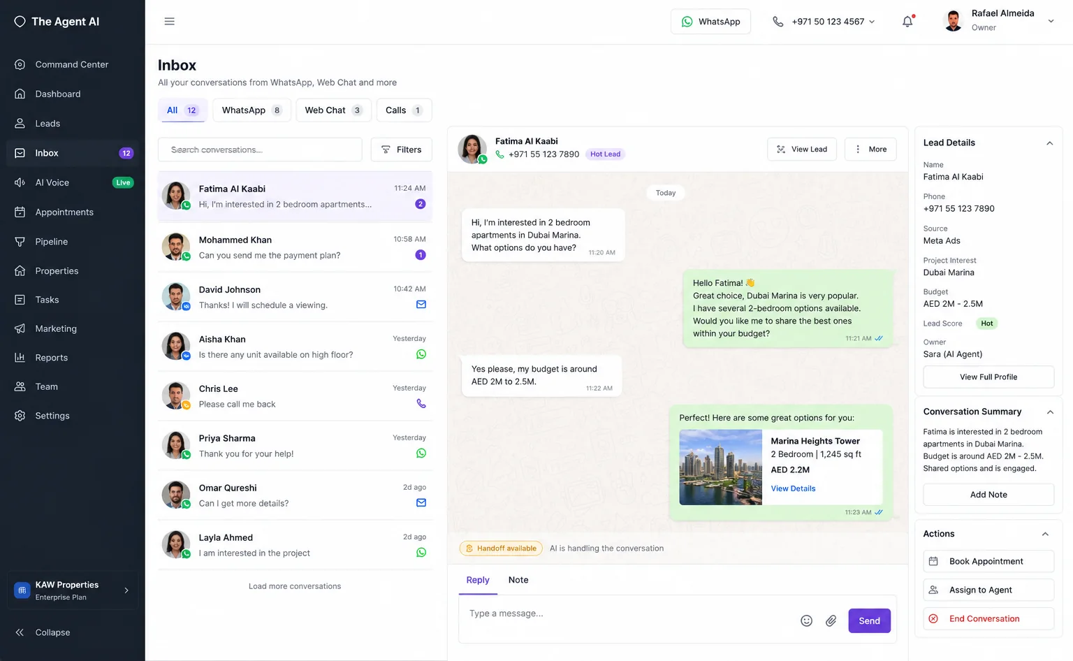 The Agent Inbox — omnichannel WhatsApp, web chat and call conversations with AI handling and human handoff